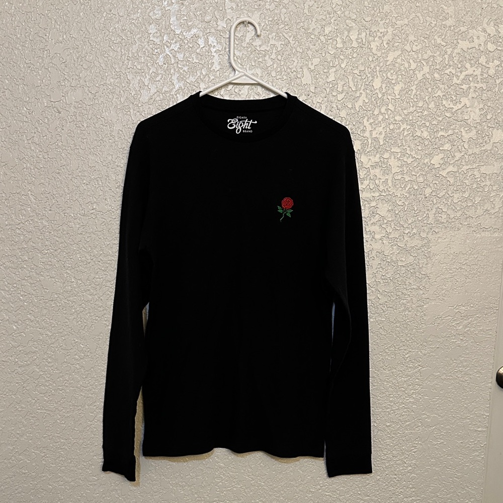 Eighty Eight Black Long Sleeve Tee with Red Rose
